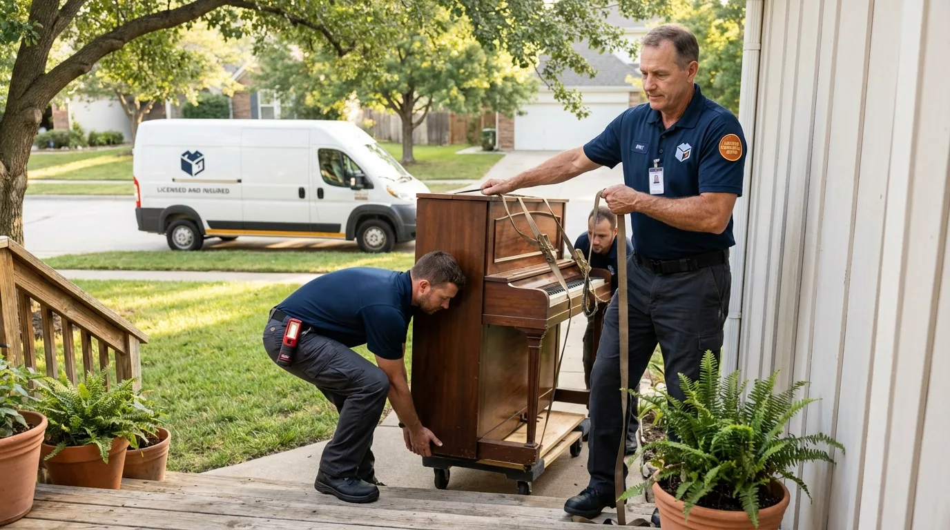 Licensed piano movers securing grand piano in Mattawan, MI