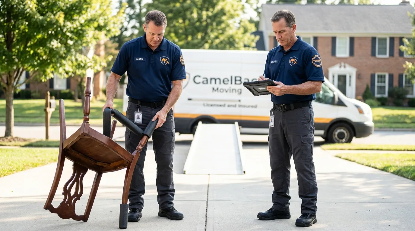 Movers inspecting furniture for damage prevention before loading in Mattawan, MI
